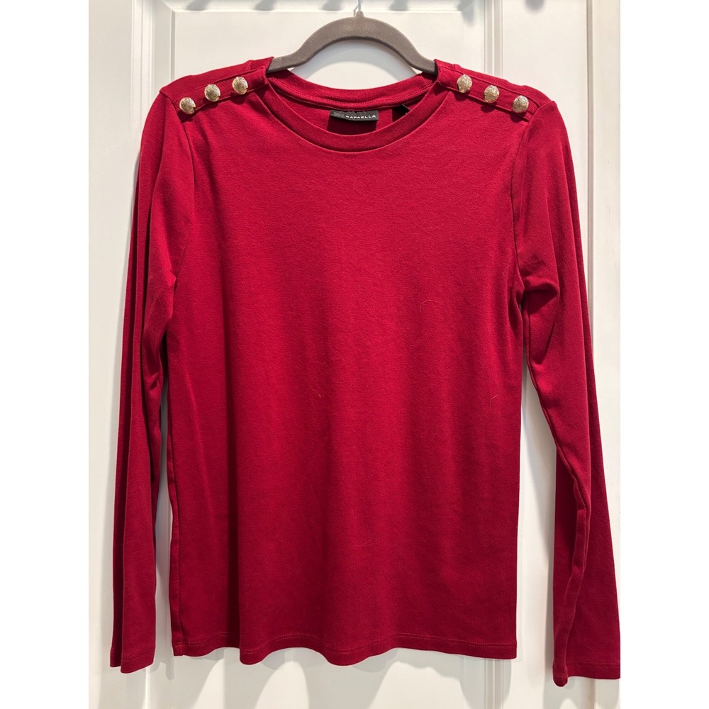 EUC Rafaella Shoulder Button Top Womens Small Red Long Sleeve Gold Detail Knit